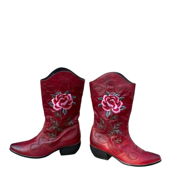 L'Artiste Women's Red Rose Embroidered Leather Boots Size 7.5 / 8 - Picture 2 of 15